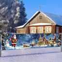 Santa Christmas Banner 79x18 Inch Winter Cottage and Tree Backdrop with Snowman Bear and Lights for Holiday Party Wall Decor Outdoor Fence Indoor Kids Photo Background
