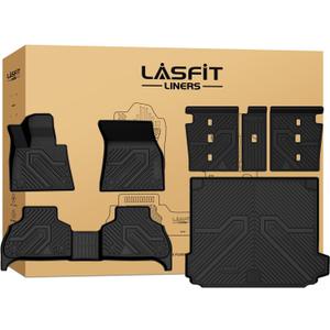 LASFIT Floor Mats&Cargo Mat&Backrest Mats for BMW X5 2019-2025 2026 PHEV(xDrive 50e), Not for Gas, All Weather TPE Custom Fit 1st&2nd Row Full Set Car Mats & Trunk Liner(Only Fit 5 Seats), Black