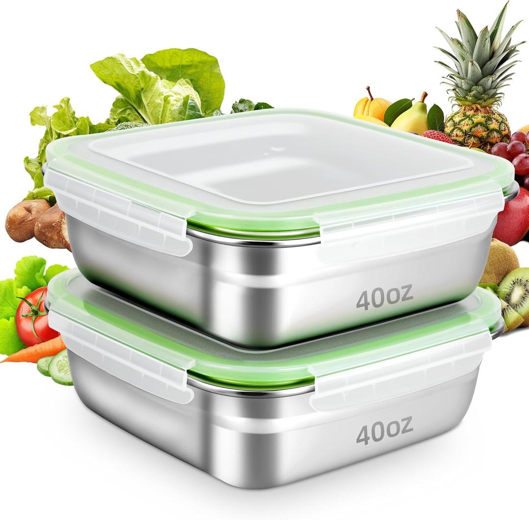 2 Pack Stainless Steel Sandwich Containers with Leak-Proof Airtight Lids, 40oz Reusable Metal Bento Lunch Boxes for Meal Prep, Snacks & Fruits, BPA-Free, Dishwasher & Freezer Safe (Green)