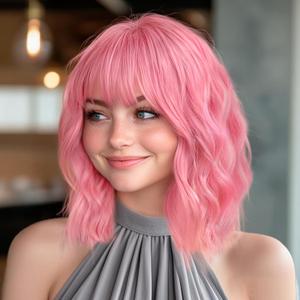 Lativ Pink Wigs for Women Bob Wig with Bangs Short Curly Wavy Shoulder Length 14 Inches Colorful Heat Resistant Synthetic Hair For Halloween Costumes Cosplay Daily Use