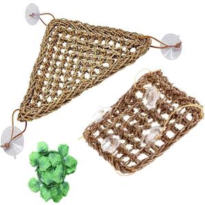 Tfwadmx 2 Pack Bearded Dragon Hammock, Reptile Climbing Decor, Lizard Lounger 100% Natural Seagrass Fabric Hammock for Reptiles, Geckos, Anoles, Iguanas, Hermit Crabs, Triangular (2 pcs Climbing pet Hammock + large leaf)