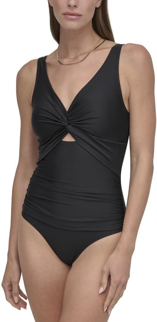 DKNY Women's Twist Front Keyhole One Piece Swimsuit (Black, M)