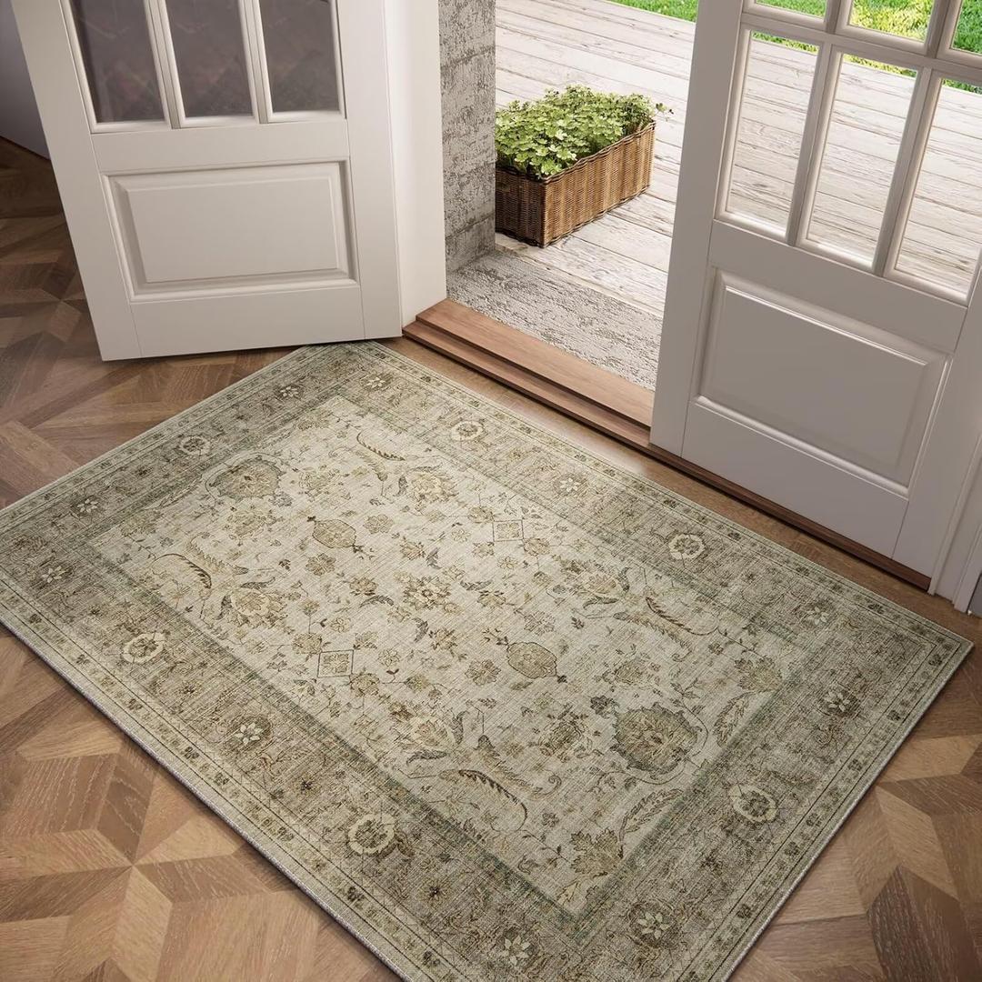Washable 2x3 Entryway Rug, Boho Non-Slip Door Mat Vintage Distress Small Rugs for Kitchen Nursery Office Bedroom, 0.3" Neutral Oriental Throw Carpet with Cushioning Pad, Flaxen/Multi, B2