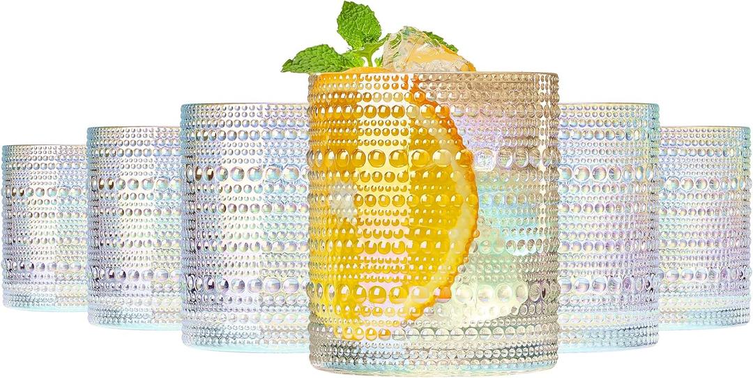 Hobnail Beaded Lowball Drinking Tumbler Glasses | Set of 6 | Iridescent Pearl Vintage Bubble Design Glassware, Old-Fashioned, Embossed Design, Water, Wine, Cocktail Embossed Heavy Glass, Rocks Glass