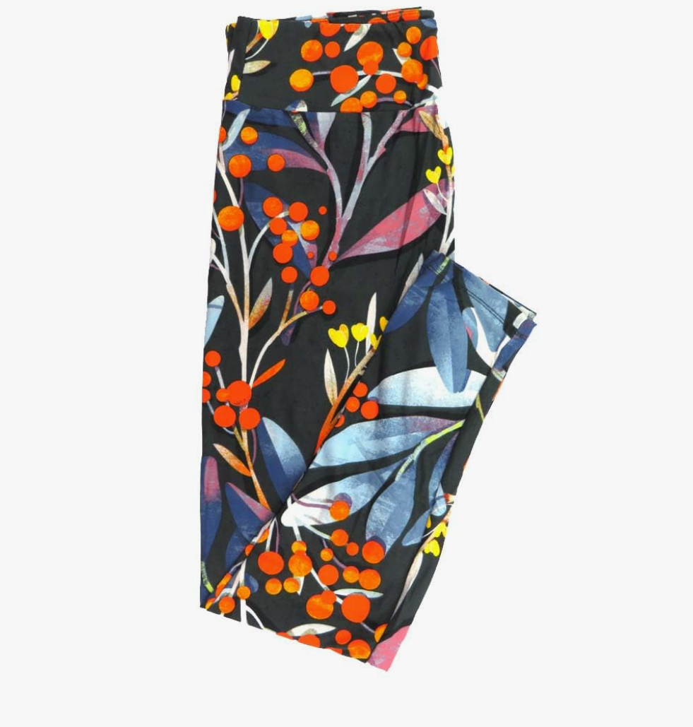 Lularoe Tall Curvy (TC fits Sizes 12-18) Floral Berries Leaves Buttery Soft Adult Leggings Multicoloured, 1 Pack