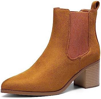 DREAM PAIRS Women's Retro Elastic Chelsea Ankle Boots Fashion Low Chunky Block Heel Pointed Toe Fall Heeled Booties Shoes, 7