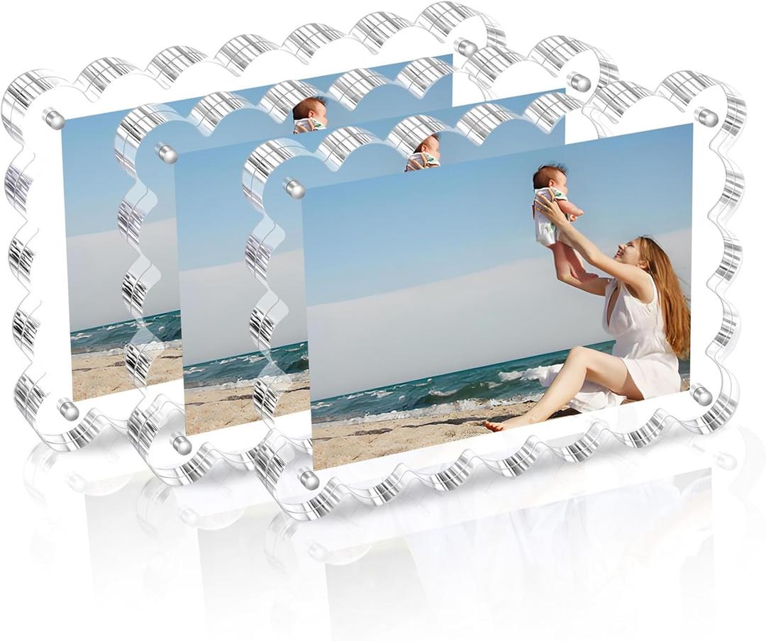 Chivalral 3 Pack Acrylic Picture Frame. 4x6inch Magnetic Picture Frames, Double Sided,10+10mm Thick Block, Clear Photo Scalloped Frames Freestanding for Desktop Display