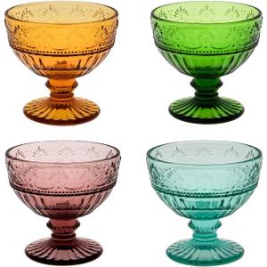 WHOLE HOUSEWARES Colored Glass Ice Cream Cups - Glass Dessert Bowls - Set of 4 Colors (Green, amber, purpple, blue)