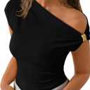 ZESICA Women's 2026 Summer Off Shoulder Tops Going Out Sexy Y2k Shirts Spring Cap Sleeve Ruched Asymmetrical Blouses (Medium, Black)