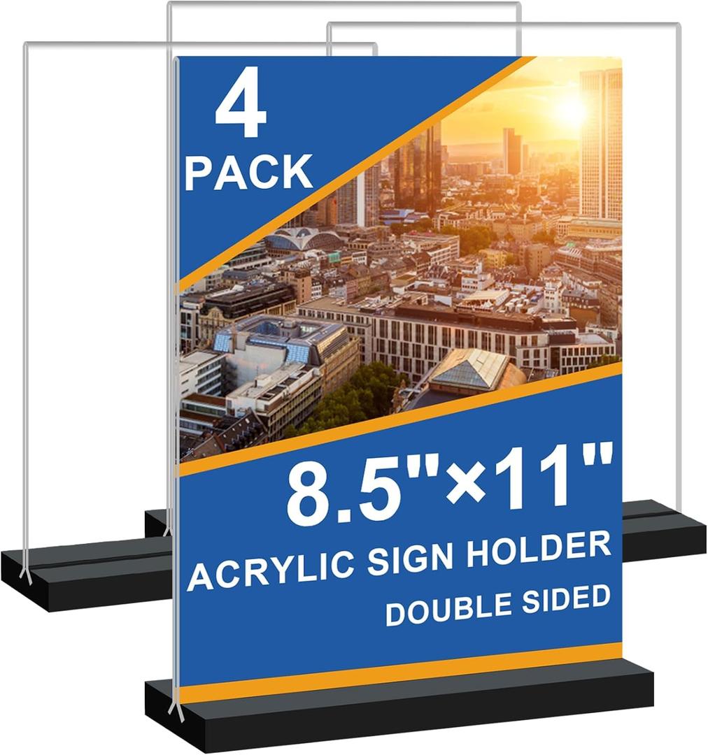 Seencool 8.5x11 Acrylic Sign Holder Vertical Double-sided Tabletop Sign Holder with Black Base, Plastic Picture Frame Paper Holder, Clear Menu Display Stand for Office Restaurant Store Home 4 pack