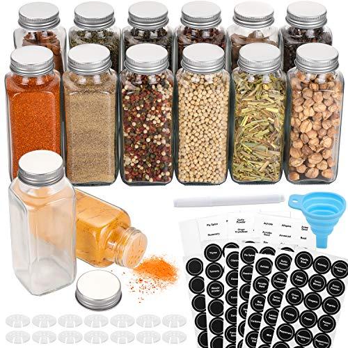 AOZITA 14 Pcs Glass Spice Jars with Spice Labels - 8oz Empty Square Spice Bottles - Shaker Lids and Airtight Metal Caps - Chalk Marker and Silicone Collapsible Funnel Included
