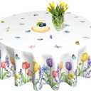 KORVITA Spring Flower Round Tablecloth 60inch Tulip Floral Watercolor Butterfly Tablecloths for Farmhouse Home Rustic Living Room Indoor and Outdoor Round Tables Decorations