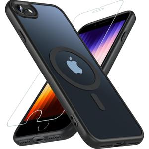 OWKEY Magnetic for iPhone SE Case 2022/2020/3rd/2rd, iPhone 8/7 Case, Compatible with MagSafe SE Phone Case with Screen Protector, Shockproof Matte Translucent Hard Back Slim Protective Cover (Black)