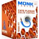 MONK CABLES | CAT 6 Ethernet Cable 1000ft | 100% Pure Bare Solid Copper Cat 6 Cable | 23AWG UTP CMP Rated Plenum | 550MHz, 10Gbps & PoE++ LAN | DSX-8000 Tested | Cat6 Bulk Ethernet Cable | Blue