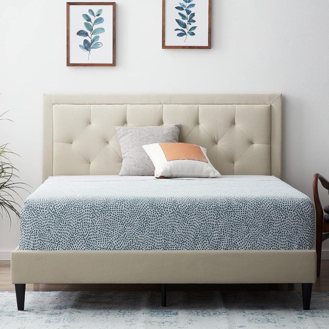LUCID Full Bed Frame with Diamond Tufted Upholstered Headboard Full Size Platform Bed Frame Removeable Wood Slats No Box Spring Needed Easy Assembly Pearl