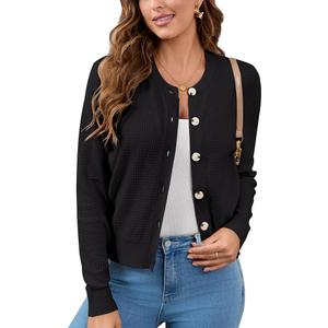 Women's Long Sleeve Cardigan Sweater, Button Down Knit Shrug, Slim Fit Stretch Soft Lounge Office (Black, M)