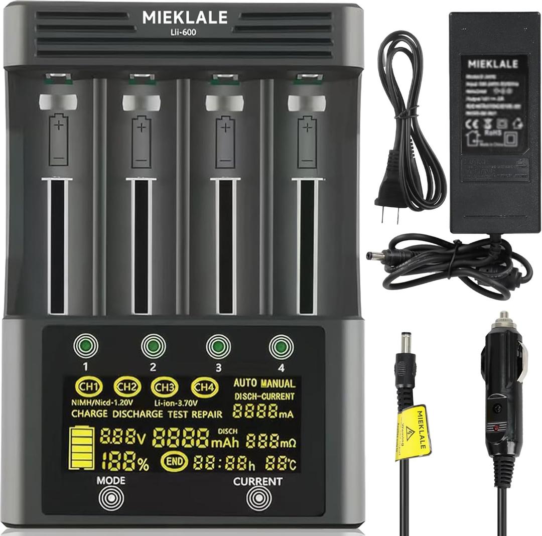 18650 Battery Charger, MIEKLALE 4-Bay 3A Fast Rechargeable Battery Charger with Smart LCD Display,Discharge & Testing Functions for Rechargeable Batteries Li-ion 16340 18650 26650 10440 14500