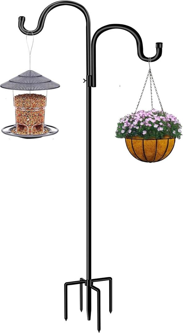 Double Shepherds Hook for Outdoor,94 Inch Bird Feeder Pole with 5 Prongs Base, Heavy Duty Adjustable Garden Hook for Hanging Plant, Solar Light, Lantern, Weddings Decor, Hummingbird Feeder(1 Pack)