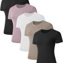 1/5 Pack Women's Short Sleeve Basic T Shirts Tees, Slim Fit Crew Neck Tshirt Summer Tops for Casual Workout Trendy (Large, 2 Black 1 White 1 Pink 1 Khaki)