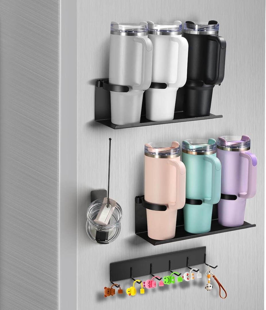 2Pack Magnetic Stanley Cup Holder for Refrigerator, Magnetic Tumbler Organizer with Tumbler Lid Storage with 1Pcs Hook, 6 Stanley Cup Organizer, Easy Access, Space-Saving Design