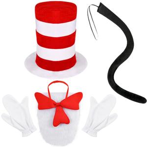4 Pcs Cat Costume Accessories Set Include Red White Striped High Top Hat Furry Red Bow Tie Black Tail Gloves for Book Week Party Supply