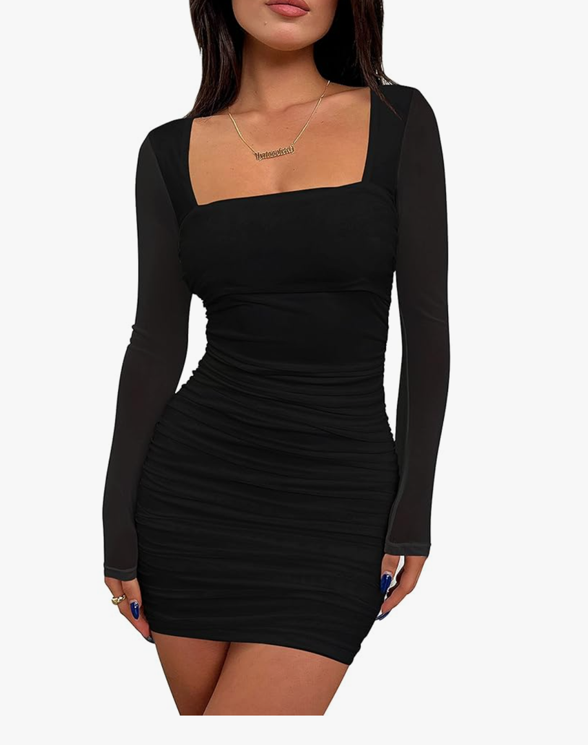 BORIFLORS Women's Sexy Ruched Bodycon Mini Dress Mesh Long Sleeve Club Party Short Dresses S