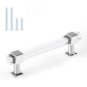 Orger Acrylic Cabinet Handles 30 Pack Modern Cabinet Hardware Drawer Pulls 4 Inch Hole Centers with Clear Square Tube Cabinet Pulls and Polished Chrome Base for Kitchen Cabinets