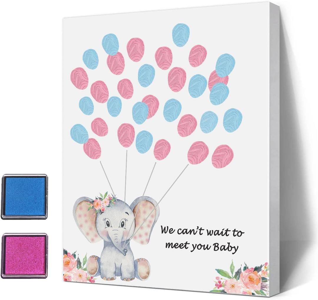 Baby Shower Guest Book Fingerprint Tree Canvas, a Baby Shower Guest Book, Finger Print Guest Book, Gender Reveal Decoration Elephant Theme (002)