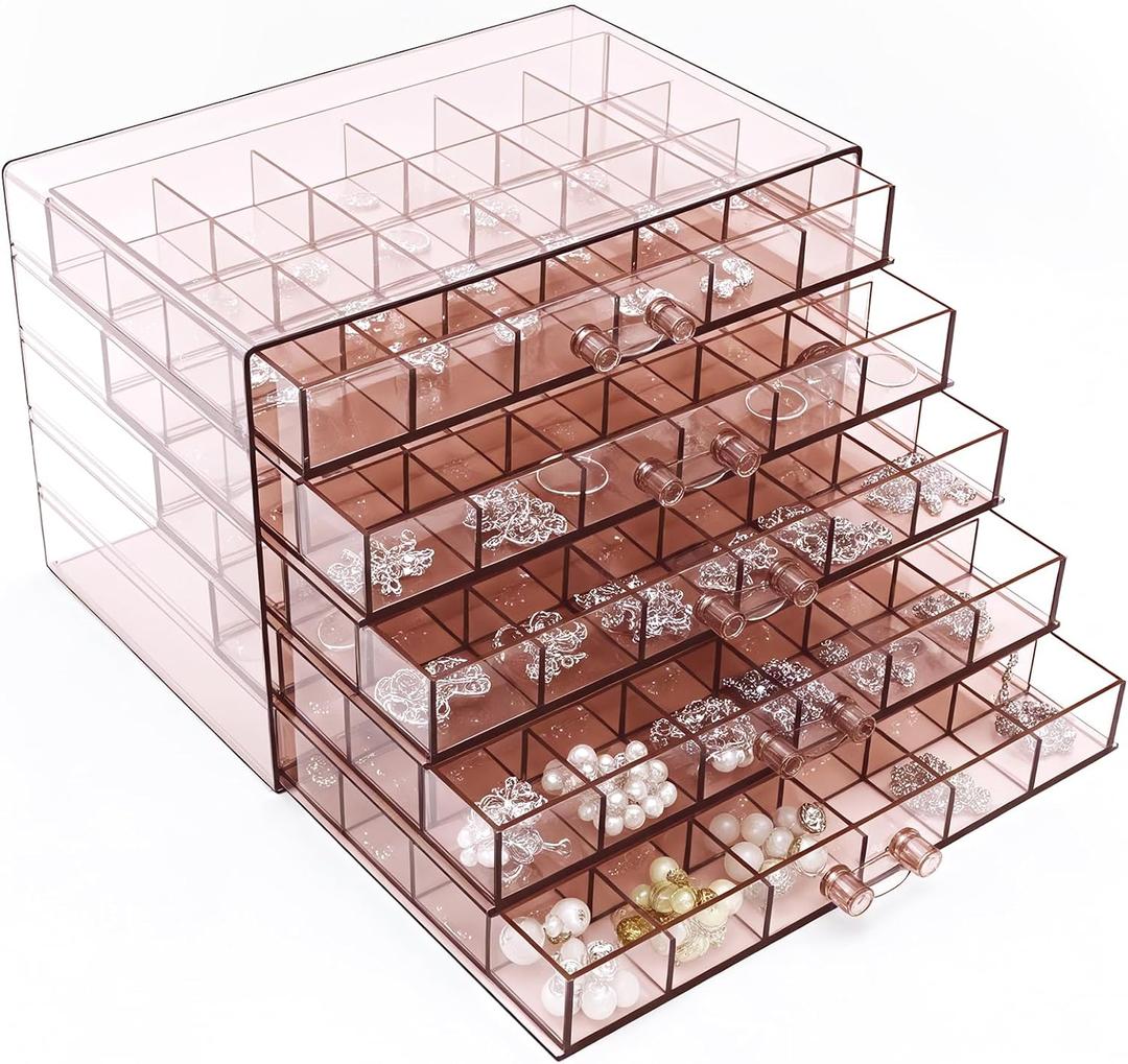Clear Pink Acrylic Jewelry Storage Box, Earring Jewelry Organizer with 5 Drawers, 5-Layer Jewelry Box for Women, Earring Display Holder for Earrings Ring Bracelet Necklace, 120 Grid Storage Box