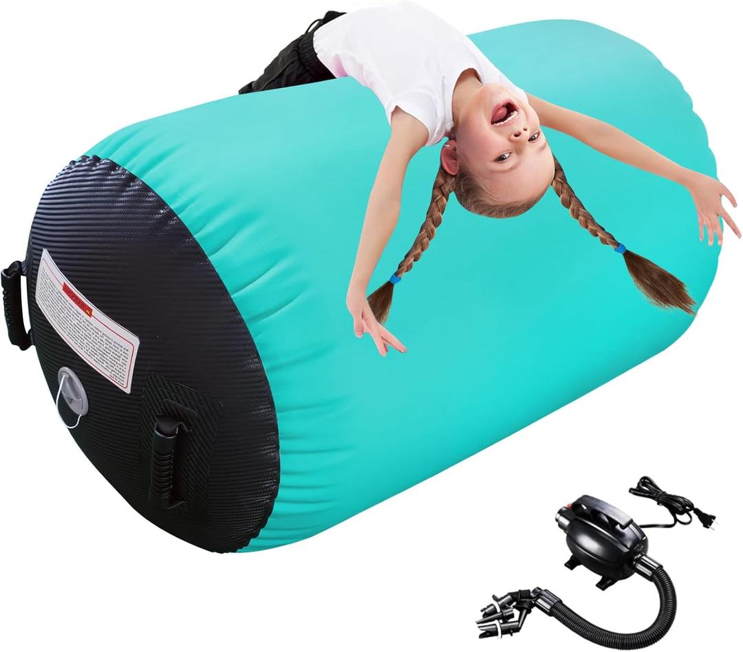 Gymnastics Tumbling Equipment Inflatable Air Barrel Tumbler Roller Backbend Trainer with Pump for Cheerleading, Yoga, Stretching & Home Gym Training (39.37inch*23.6inch, Green+Black)
