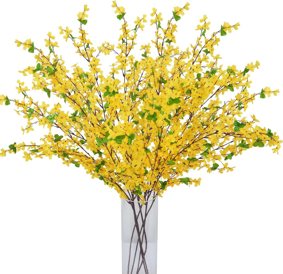 6Pcs Artificial Forsythia Branches 35" Yellow Long Stem Artificial Flowers for Tall Vase Fake Silk Flowers Forsythia Stems for Home Table Centerpiece Kitchen Decorations
