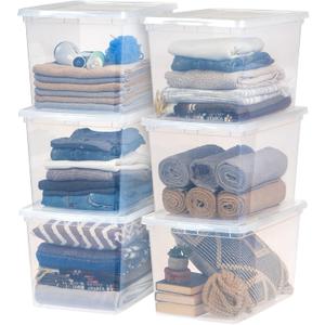 IRIS USA 6-Pack Storage Bins with Lids, 68 Quart, Clear Stackable Containers Box Organize Shoes Closet Shelves Clothes Blankets Towels - BPA-Free Plastic