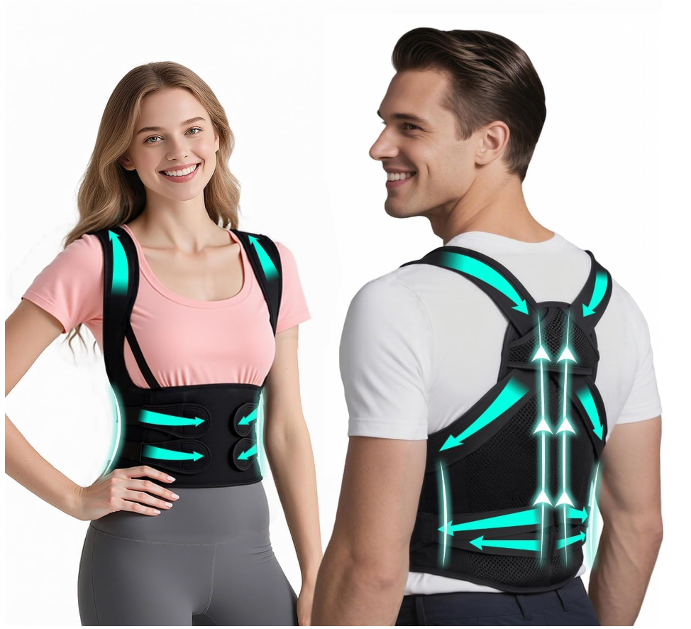 Back Brace Posture Corrector for Men & Women, Upgraded Full Back Support with Adjustable Shoulder Straightener and Waist Support Straps, Breathable Back Brace for Office Work, Long Sitting & Daily Wear, Comfortable Posture Support for Upper & Lower B
