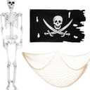 3 Pcs Halloween Skeleton with Pirate Flag and Fish Net, Car Trunk or Treat Decor, Party Favors for Indoor/Outdoor Use