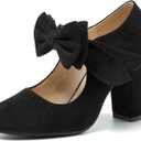 MAIERNISI JESSI Women's Bowknot Mary Jane Block Heel Round Pumps Closed Toe Dress Shoes Black US 12