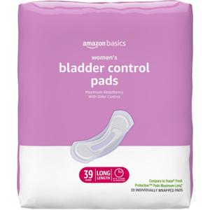 Amazon Basics Incontinence Pads for Women Long, Bladder Control, Postpartum, Maximum Absorbency, Unscented, 39 Count