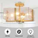 Gold Flush Mount Ceiling Light, 4-Light Brass Vintage Semi Flush Mount Hallway Foyer light fixture, Modern Glass Square Close to Ceiling Light for Kitchen, Dining Room, Bedroom, Bathroom, Entryway