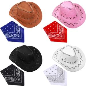 4 Set Cowboy Hats Party Costume Faux Suede Hat and Bandana Bachelorette Cowgirl Hat Western Accessory for Bridal Shower Decor