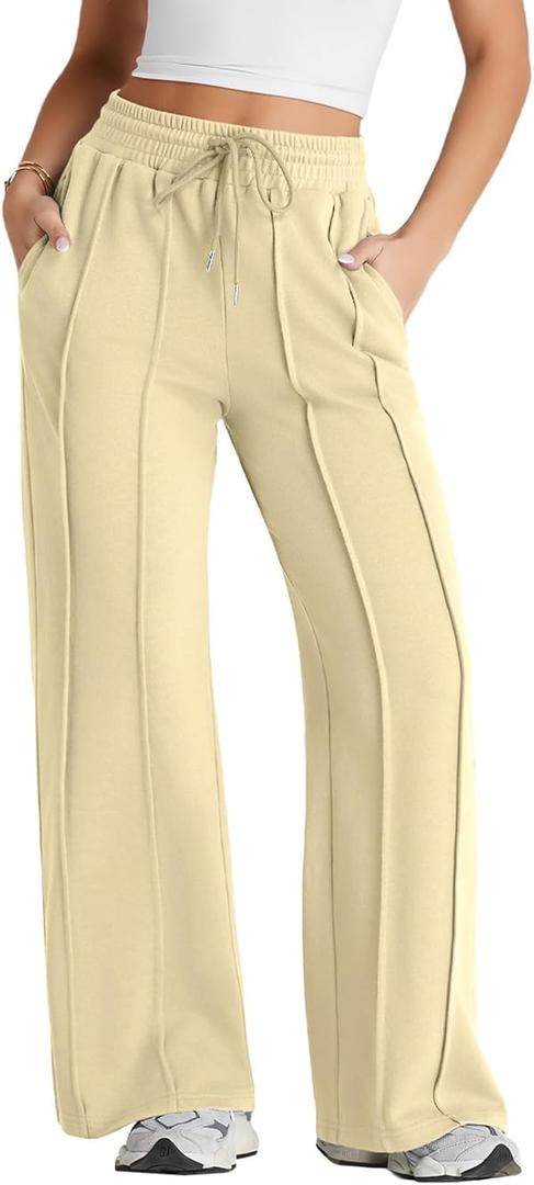 Herseas High Waisted Sweatpants for Women Elastic Elevated Seams Wide Leg Drawstring Loose Long Pants with Pockets (Yellow, XXL)