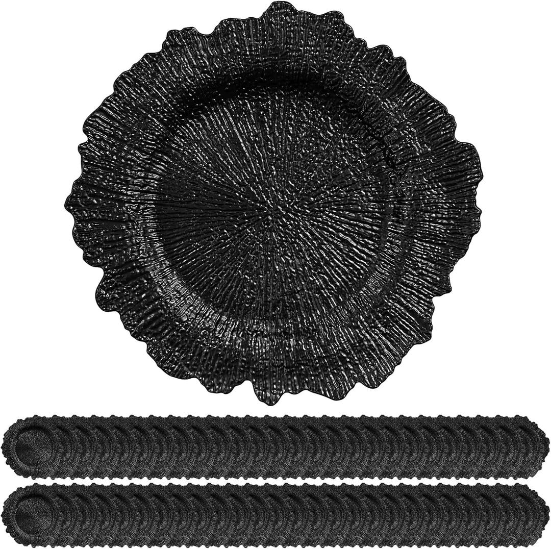 Pack of 50 Black Charger Plates Bulk, 13" Plastic Reef Chargers for Dinner Plates, Round Charger Plate with Floral Reef Design for Dinner Wedding Party Table Setting Decoration