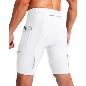 Men's Bike Shorts 3D Padded Cycling Road Biking Underwear Mountain Riding Biker Bicycle UPF 50+ Cycle Shorts Zipper Pockets(White,L)