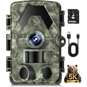 Trail Camera, 5K 60MP Game Camera with No Glow Night Vision, 150Wide-Angle, 0.05s Trigger Speed Motion Activated IP66 Waterproof for Wildlife Scouting, Home Security, Green