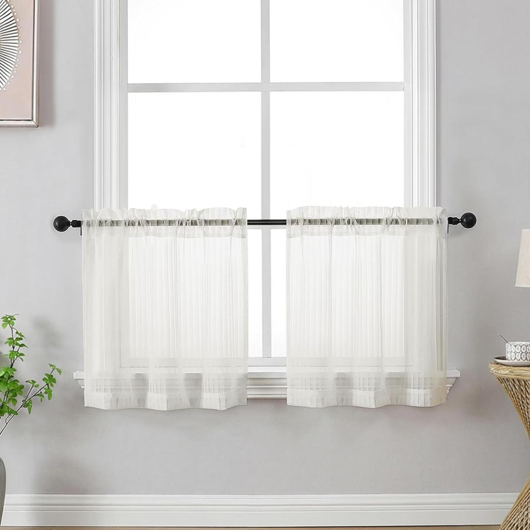 OWENIE Cream Striped Cafe Curtains - 24 Inch Length Kitchen Curtains Tiers 2 Panels Set, Light Filtering Textured Short Semi Sheer Curtain for Bedroom Bathroom Basement Small Window, 2 Pcs Each 30" W