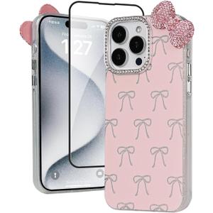 Cute Case for iPhone 15 Pro Max 6.7'' with HD Screen Protector,Pink Glitter Rhinestone Bow Phone Cases,Bowknot Pattern Silicone Protective Camera Shockproof Phone Cover for Women&Girls