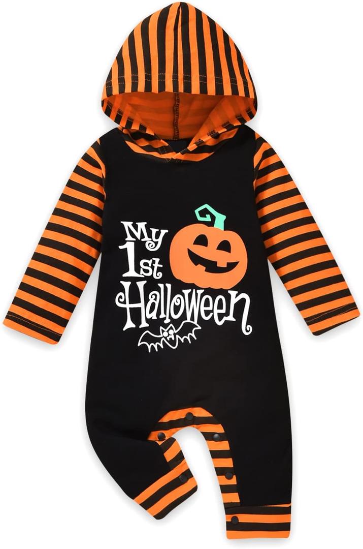 Aalizzwell Baby Halloween Outfit First Halloween Hooded Romper One-Piece Jumpsuit for Toddler Boys Girls (3-6 Months, Pumpkin)