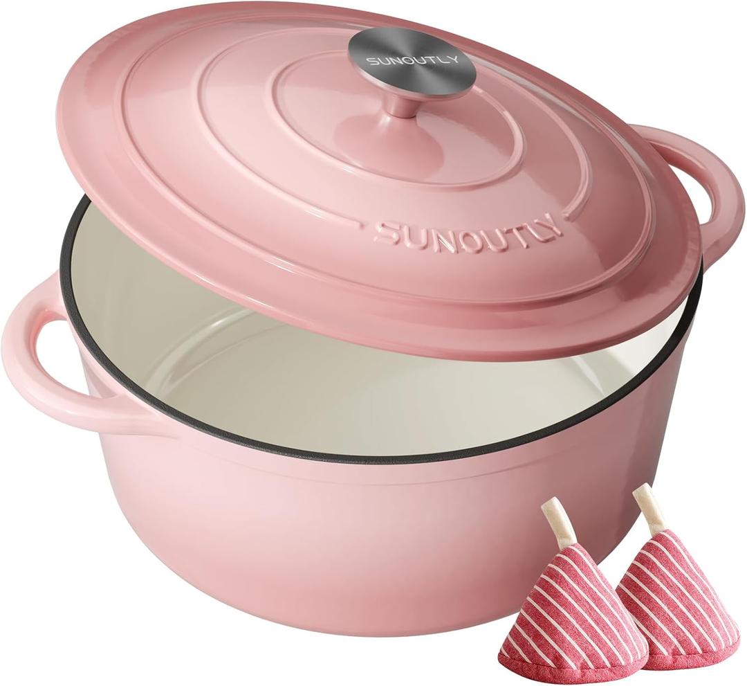 Enameled Cast Iron Dutch Oven - 6QT Dutch Oven Pot with Lid & Cotton Potholders - Heavy-Duty Non Stick Casserole Pot for Braising, Stews, Roasting, Baking, Suitable for All Stovetops, Gentle Pink