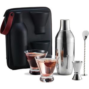 KITESSENSU Cocktail Shaker Set with Carry Case: Vacuum Insulated Martini Shaker with Built-in Strainer, 2 Martini Glasses, Measuring Jigger, Bar Mixing Spoon & Cocktail Recipes, Travel Bar Tool Set