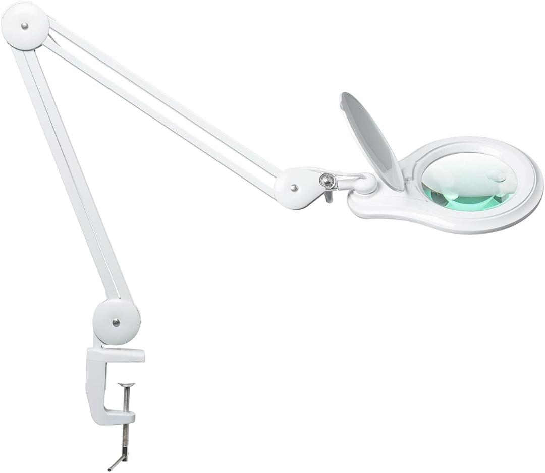 Bifocals LED Magnifying Lamp with Clamp, 5 Diopter with 20 Diopter, 5 Inch Magnifier Glass Lens, 1200 Lumens Dimmable Magnifier Lamp for Desk Craft Hobby with 60PCS Bright LEDs (White)