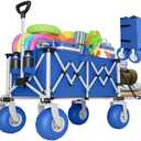 Heavy Duty Beach Wagon with Big Wheels for Sand, 10" Wheel Collapsible Wagons Foldable Large Wagon Cart Folding All Terrain for Camping(Blue)