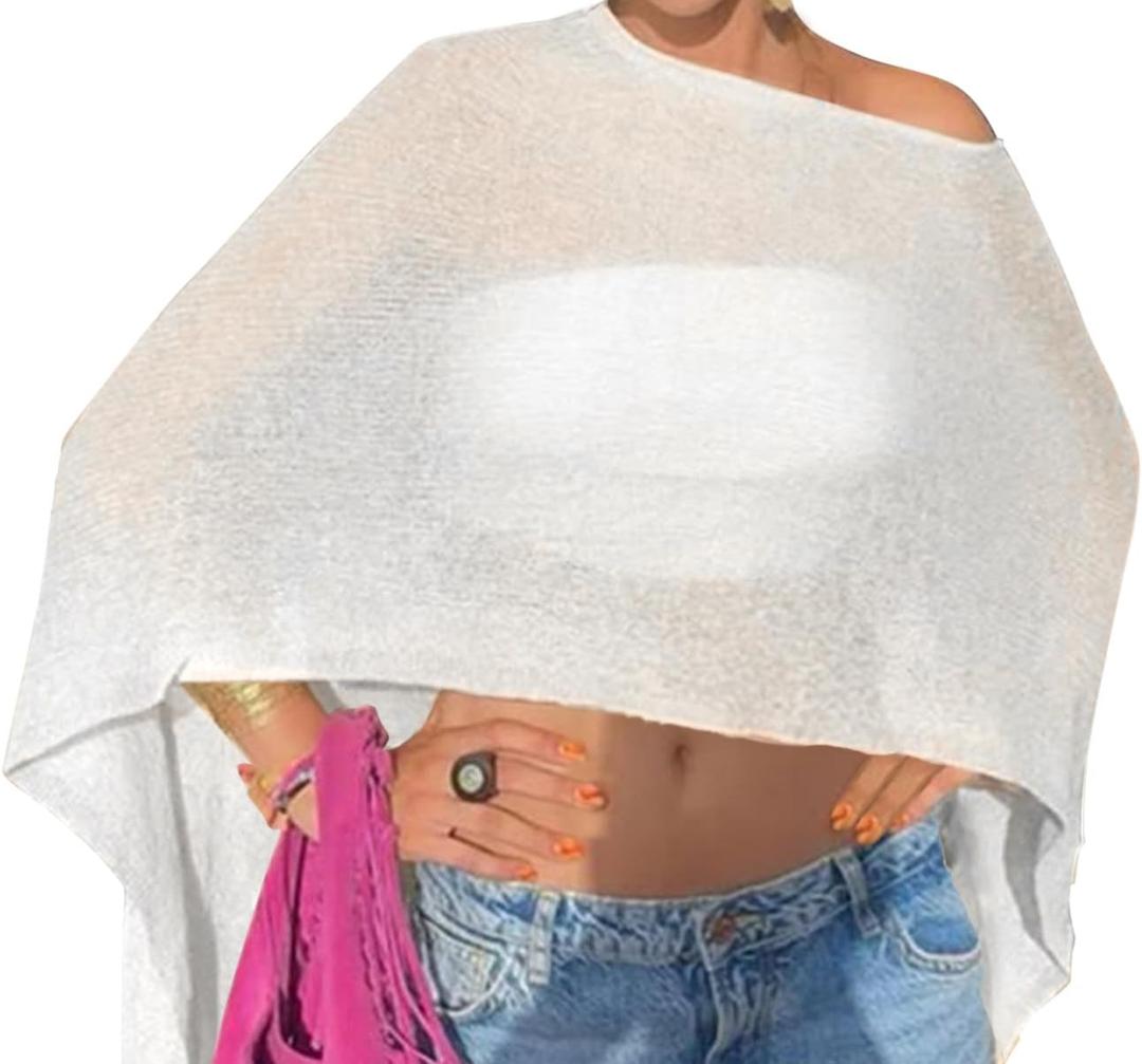Off The Shoulder Sheer Crochet Vacation Outfits Poncho Sweater Top Summer Beach Cover Up (Beige, XXL)